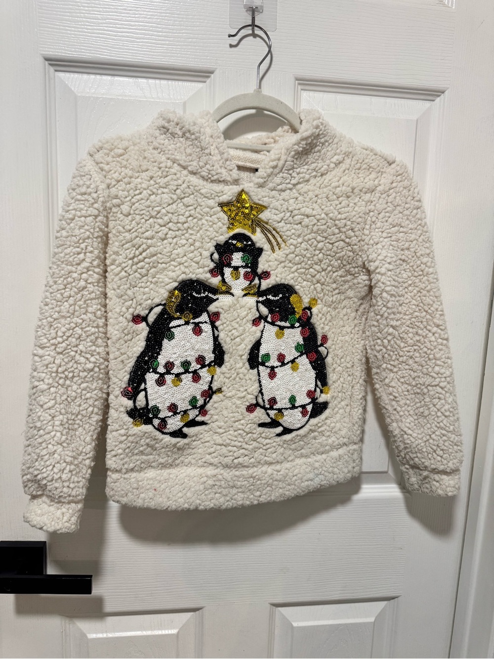 Miss Chievous Cream Sherpa Hoodie with Sequin Penguin Trio girls Small